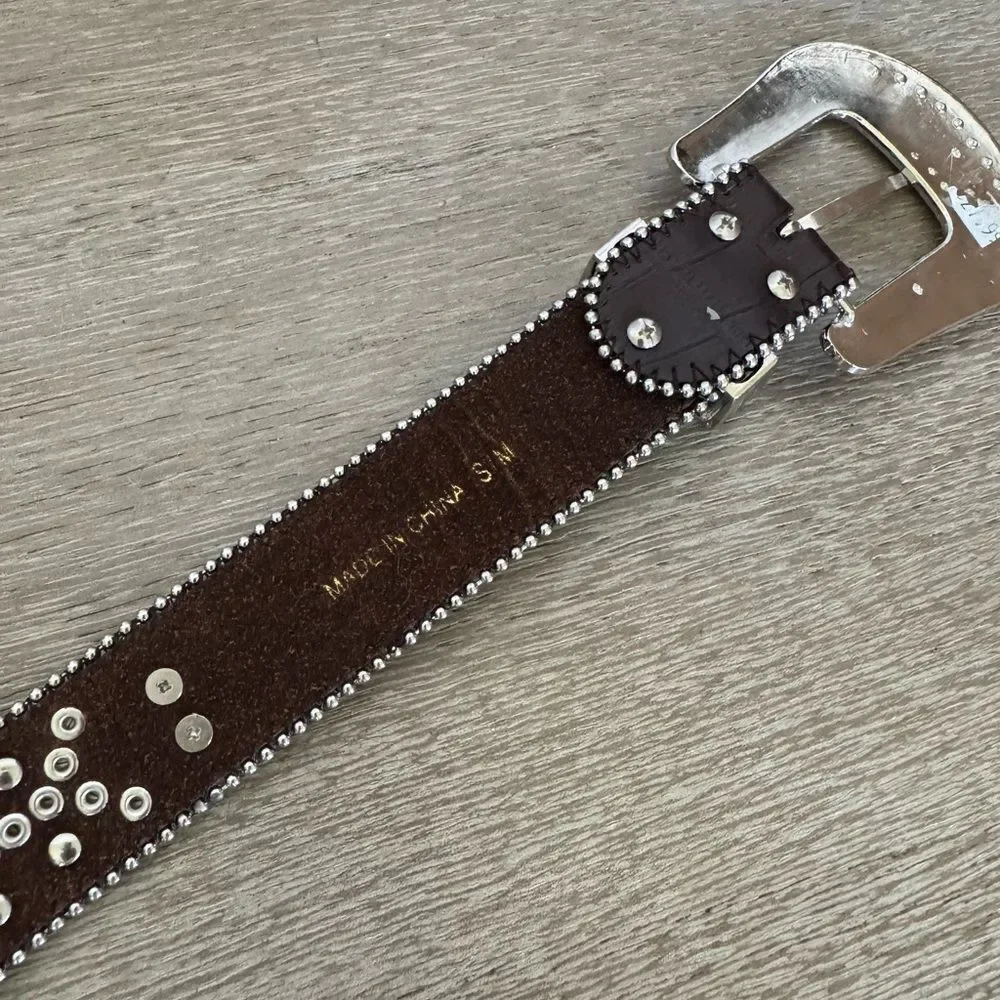 Crystal Rhinestone Silver Buckle Brown Cross Belt S/M